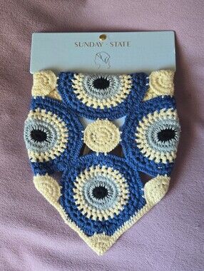 Sunday State Blue & Cream Evil Eye Crochet Bandana Head Scarf NWT
